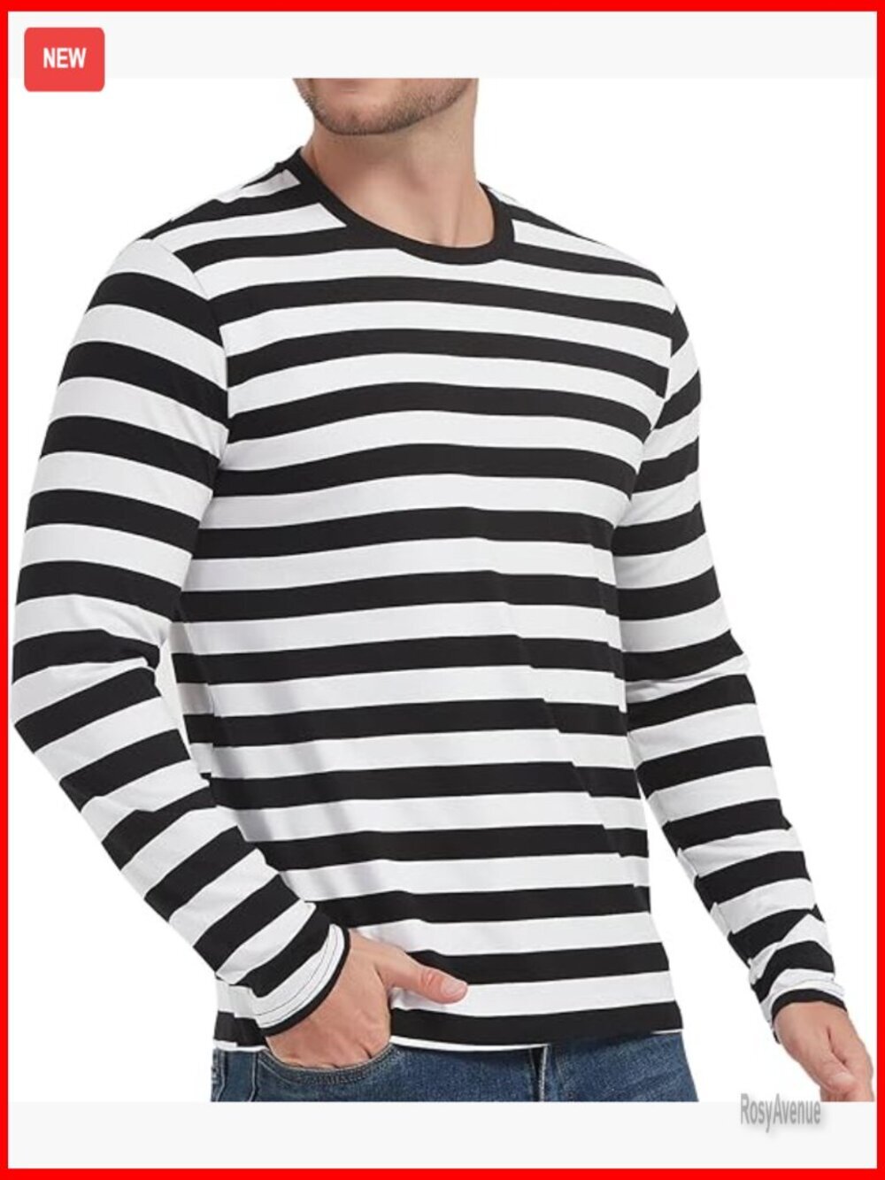 Men's Striped Cotton Spandex Crewneck Long Sleeve T-Shirt Regular Fit